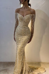 Beautiful Long Sleeves Off-the-Shoulder Prom Dress Mermaid Pearls With Beads